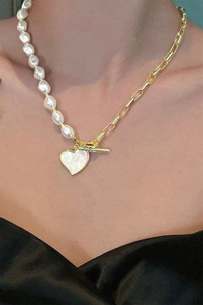 Heart Shape Pendant Rhinestone Decor Pearl Chain Necklace | Gold