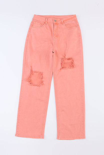 High Waist Ripped Straight Leg Pocket Jeans | Pink