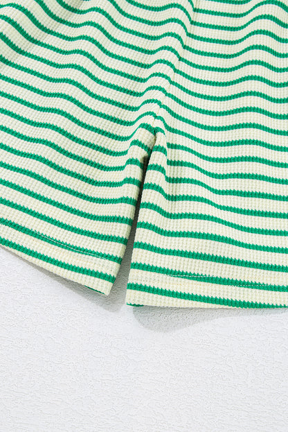 Textured Short Sleeve Collared Buttoned Waist Tie Romper | Green Stripe