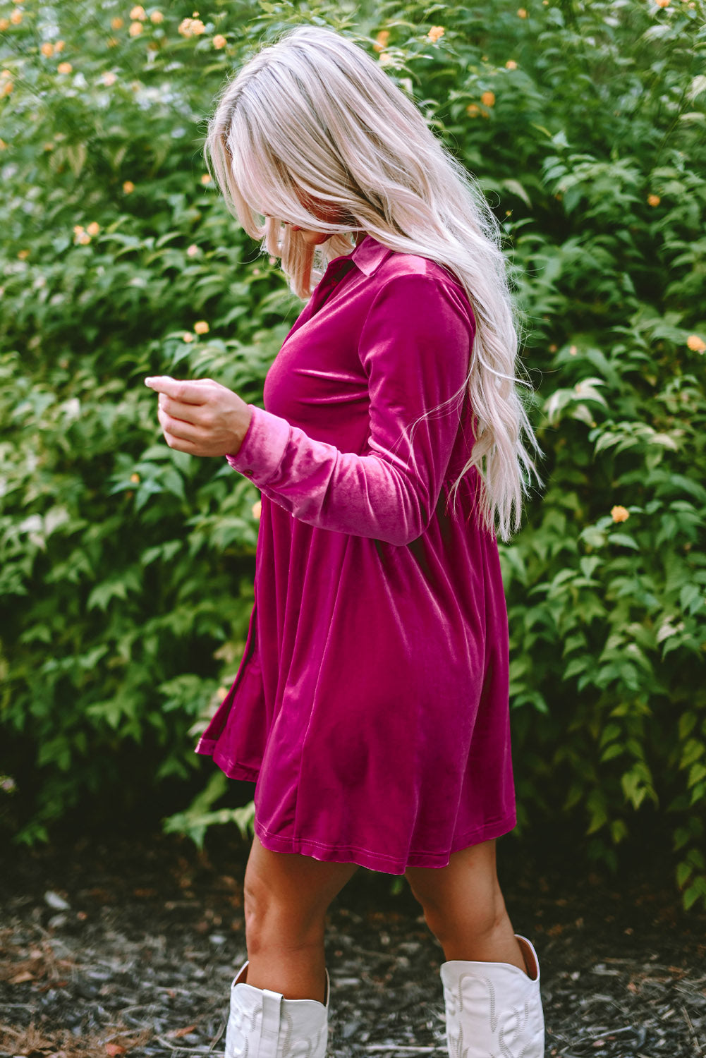 Long Sleeve Ruffle Velvet Button Up Dress | Rose