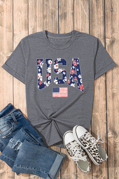 Blooming Usa Flag Print Casual T Shirt | Gray