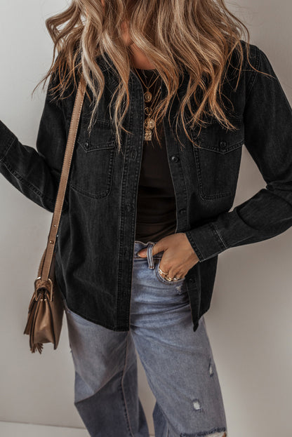 Flap Pocket Buttons Collared Jean Jacket | Black