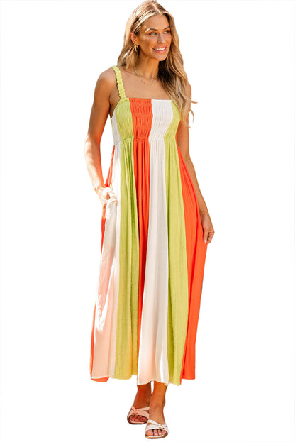 Colour Block Shirred High Waist Fit And Flare Maxi Dress | Green