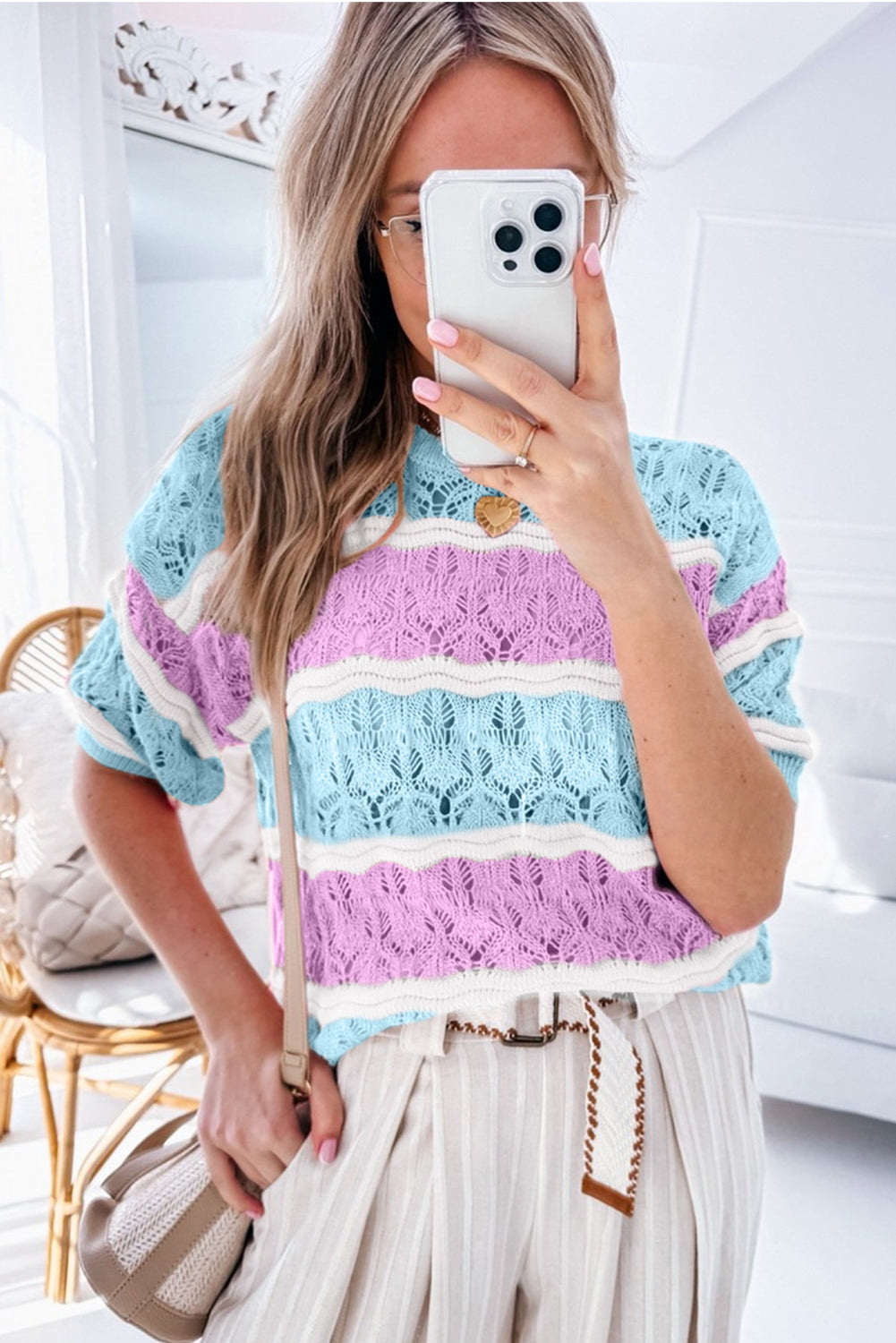 Colour Block Hollow Out Crochet Half Sleeve Sweater | Purple Stripe