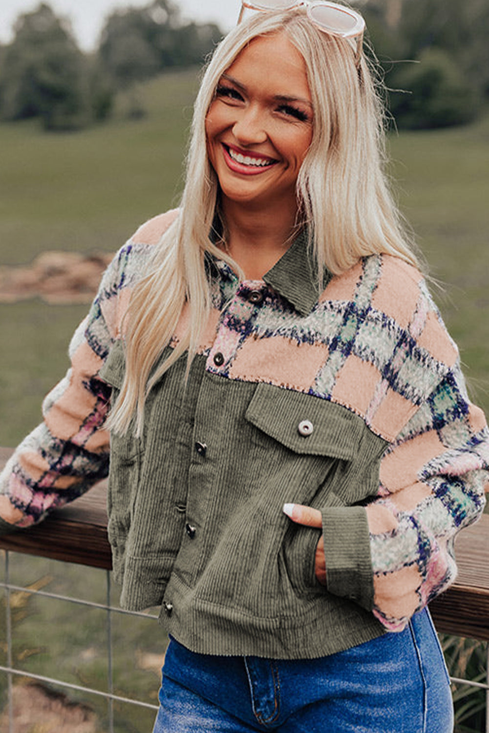 Plaid Corduroy Flap Pockets Boxy Chunky Jacket | Green