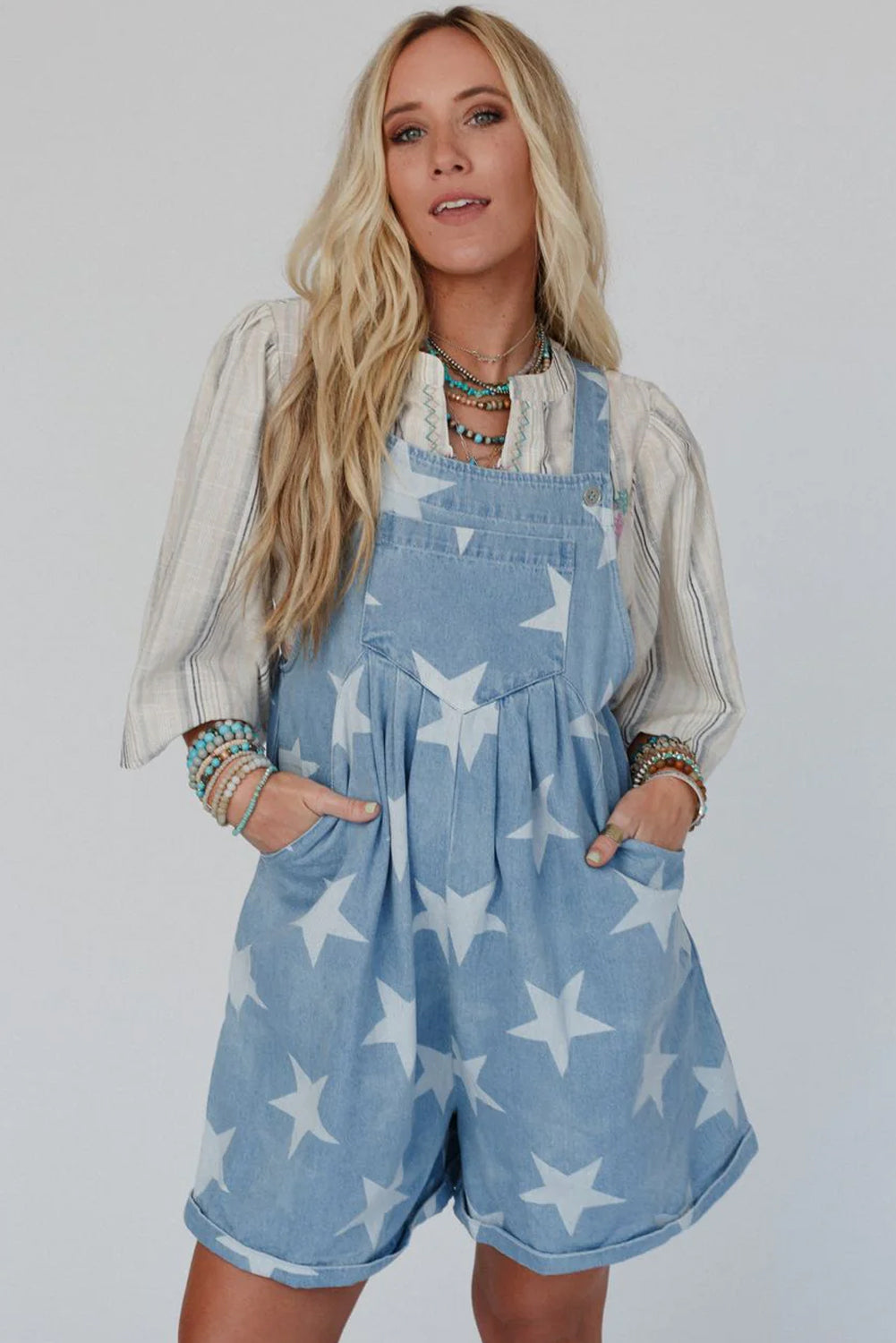 Star Printed Buttoned Straps Pocketed Denim Romper | Light Blue