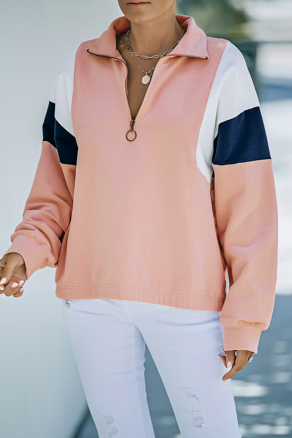 Colour Block Patch Bicep Quarter Zip Sweatshirt | Pink