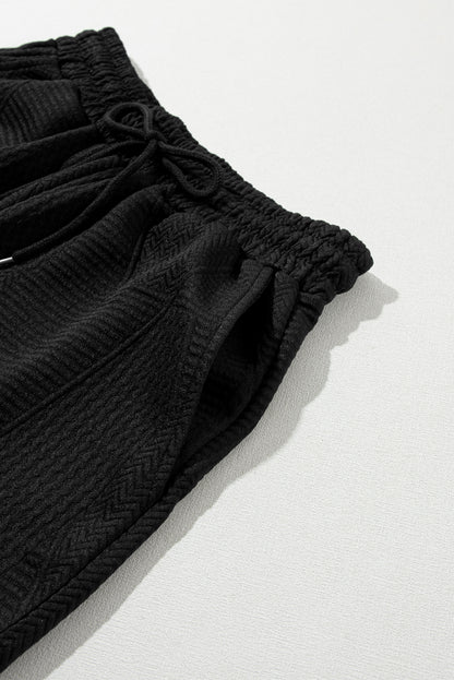 Textured Ruffle Split Top And Drawstring Shorts | Black