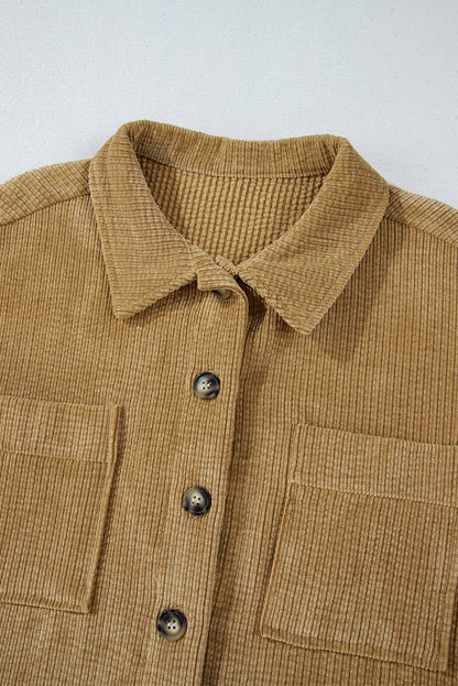 Patched Pocket Button Up Corduroy Shacket | Light French Beige