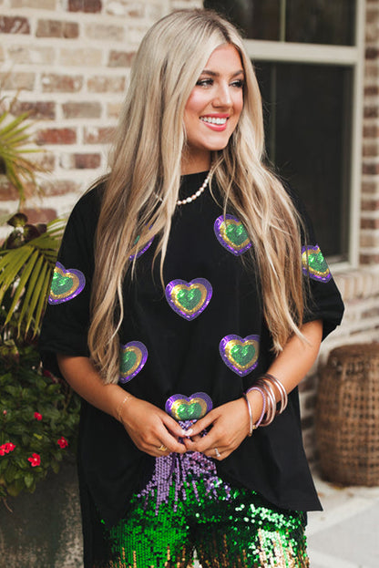 Sequin Mardi Gras Heart Patched Oversized T Shirt | Black