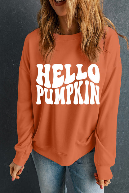 Hello Pumpkin Graphic Drop Shoulder Halloween Sweatshirt | Orange