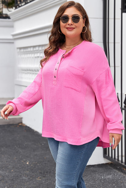 Half Buttons Chest Pocket Drop Sleeve Plus Size Top | Bonbon