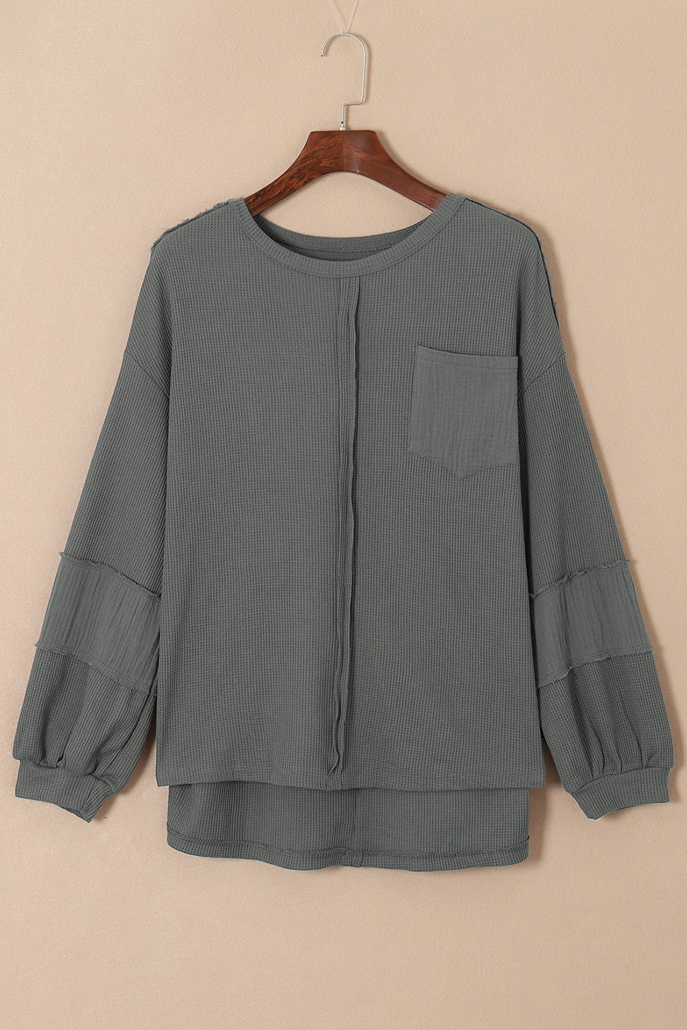 Exposed Seam Patchwork Bubble Sleeve Waffle Knit Top | Gray