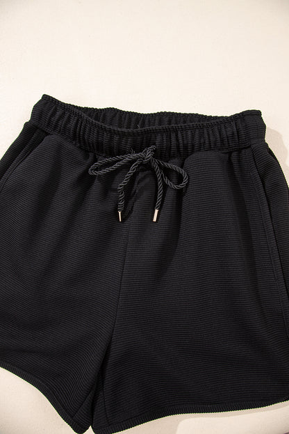 Textured Half Zip Kangaroo Pocket Top Drawstring Shorts Set | Black