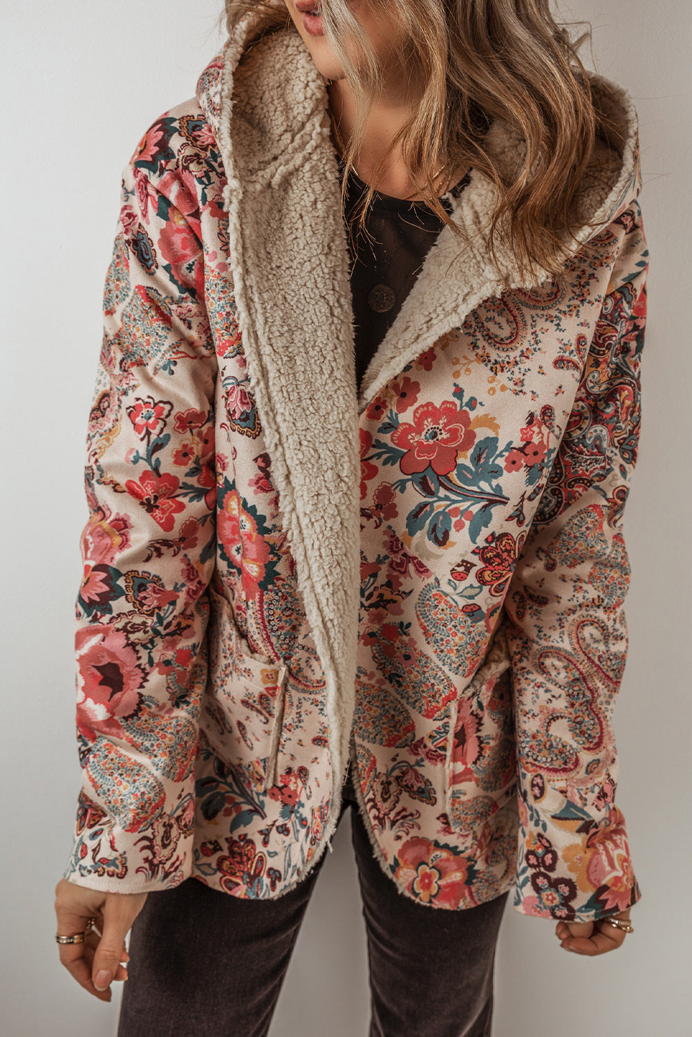 Vintage Paisley Floral Printed Sherpa Lined Hooded Jacket | Beige