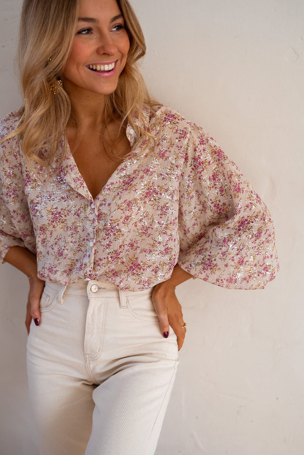 Floral Print Bishop Sleeve Collared V Neck Shirt | Pink