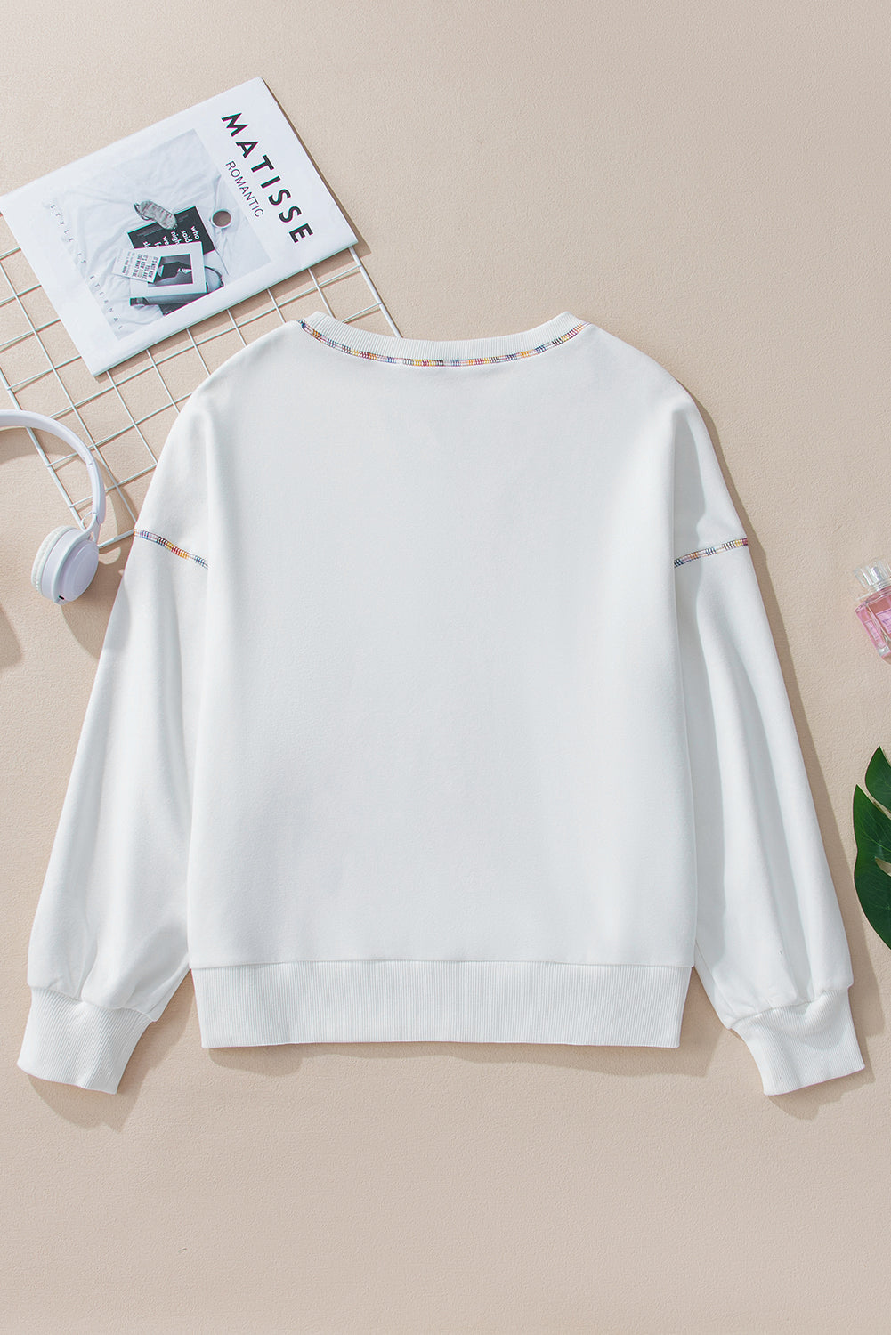 Contrast Rainbow Trim Drop Shoulder Pullover Sweatshirt | White