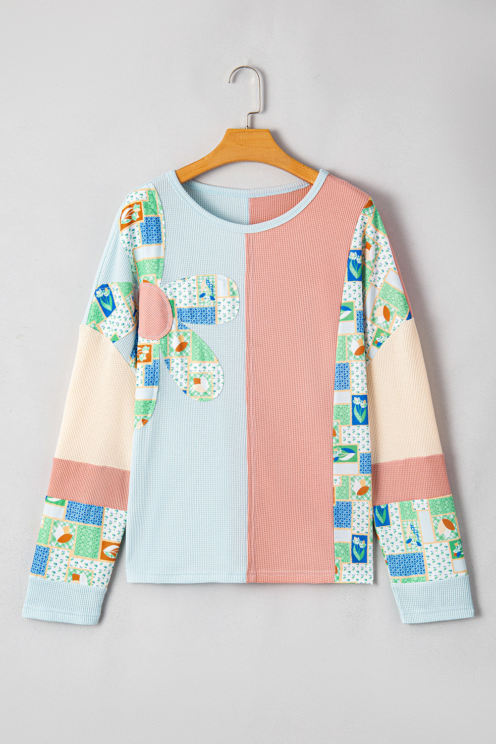 Floral Patchwork Waffle Colour Block Pullover Top | Rose Pink