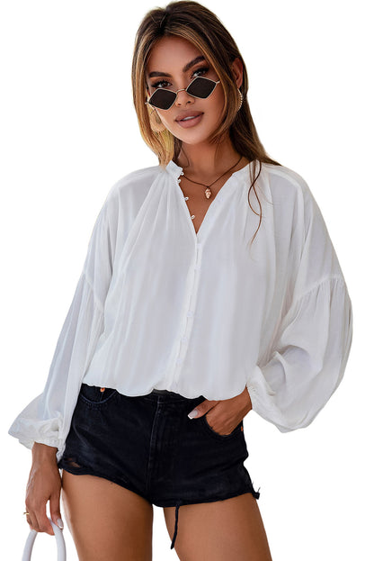 Solid Colour V Neck Balloon Sleeve Shirt | White