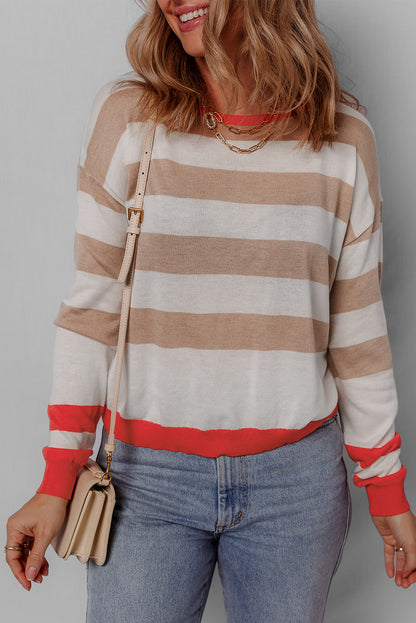 Colourblock Striped Round Neck Drop Shoulder Sweater | Apricot