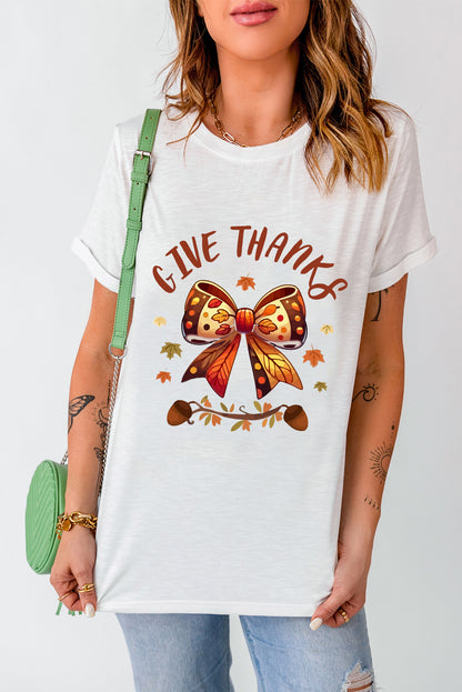 Give Thanks Bowknot Graphic Cuffed Sleeve T Shirt | White