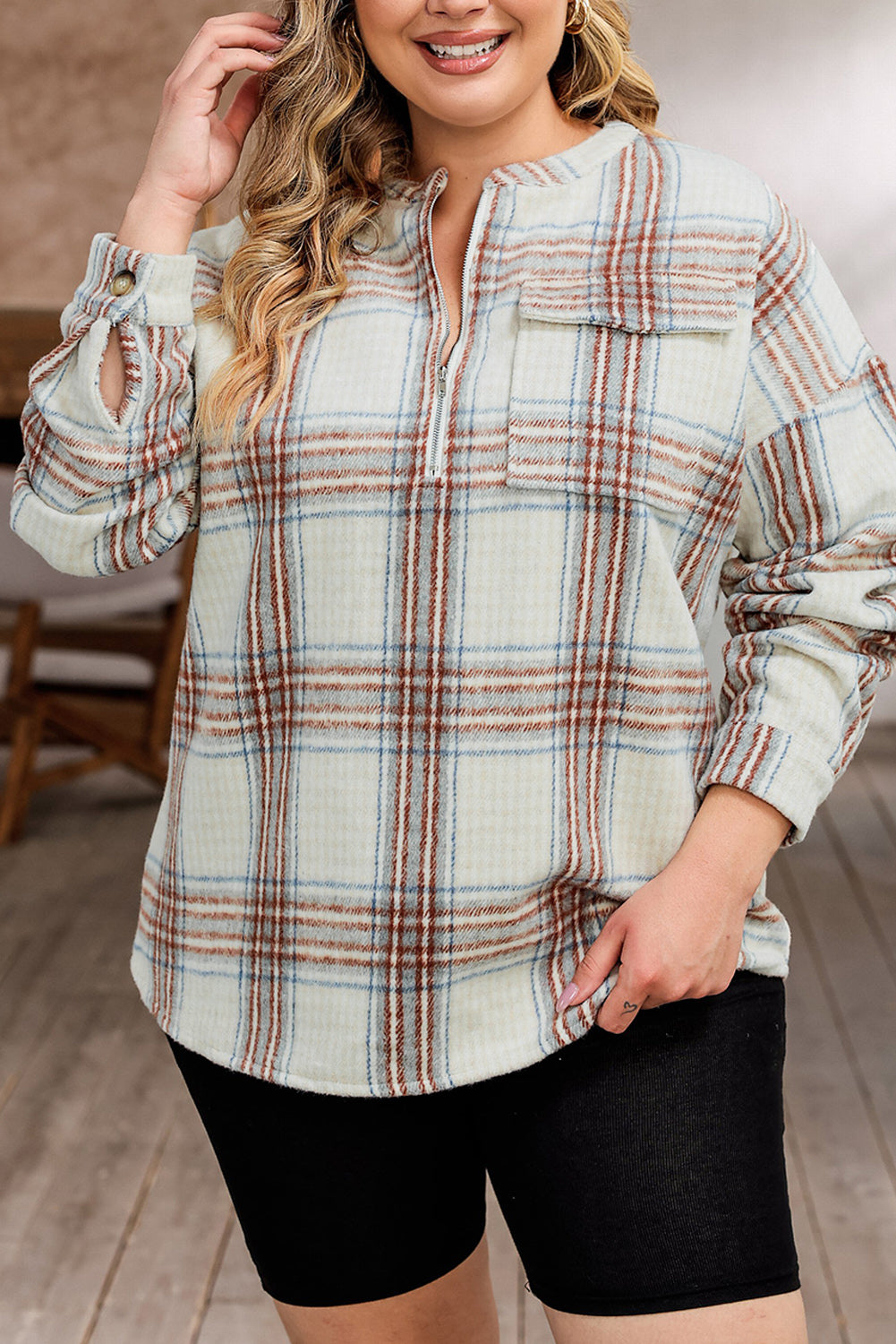 Plus Size Plaid Half-Zipper Sweatshirt With Chest Pocket | Beige