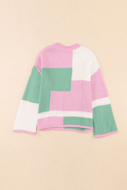 Colourblock Drop Shoulder Bell Sleeve Sweater | Pink