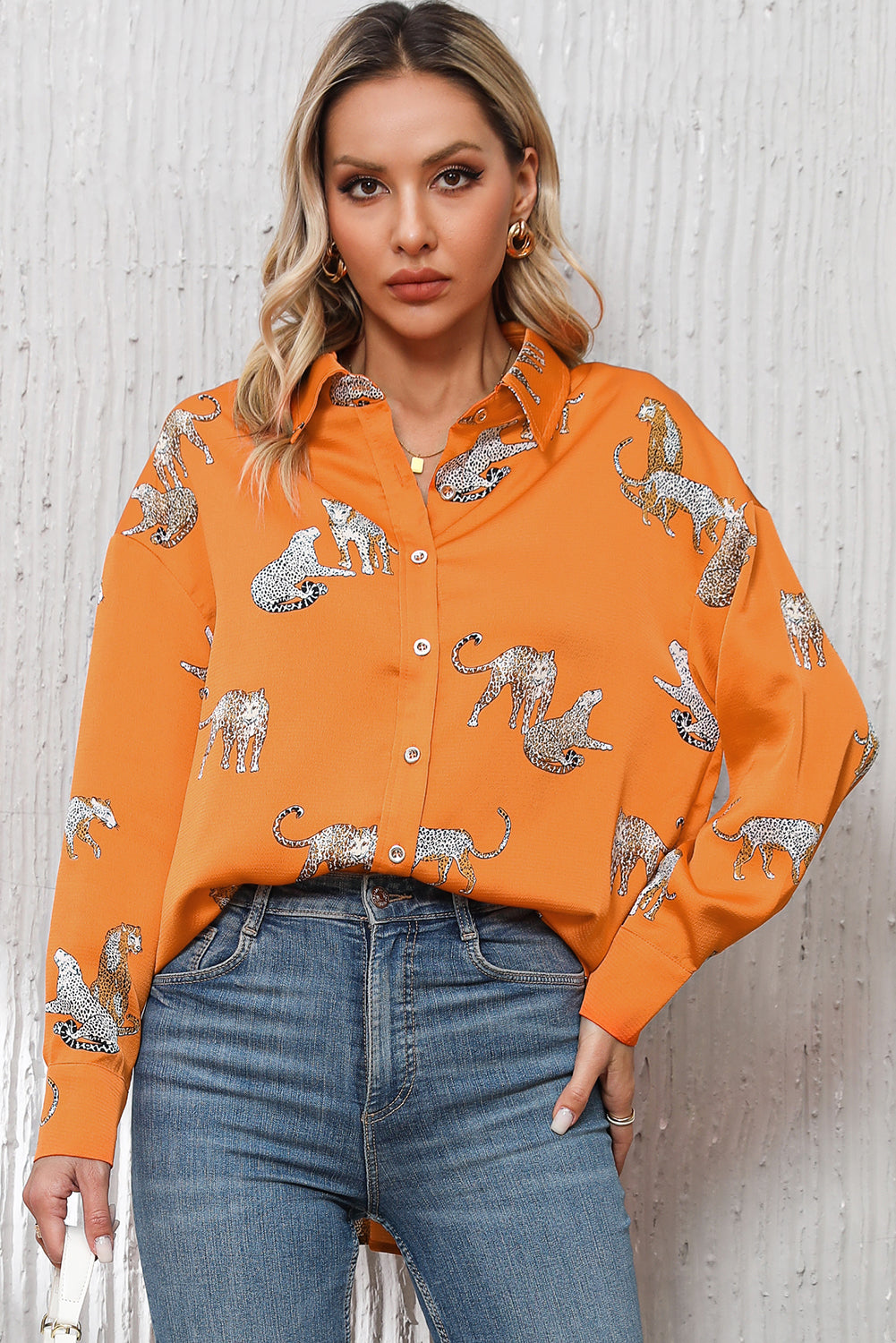 Cheetah Animal Print Button Up Satin Shirt | Russet Orange