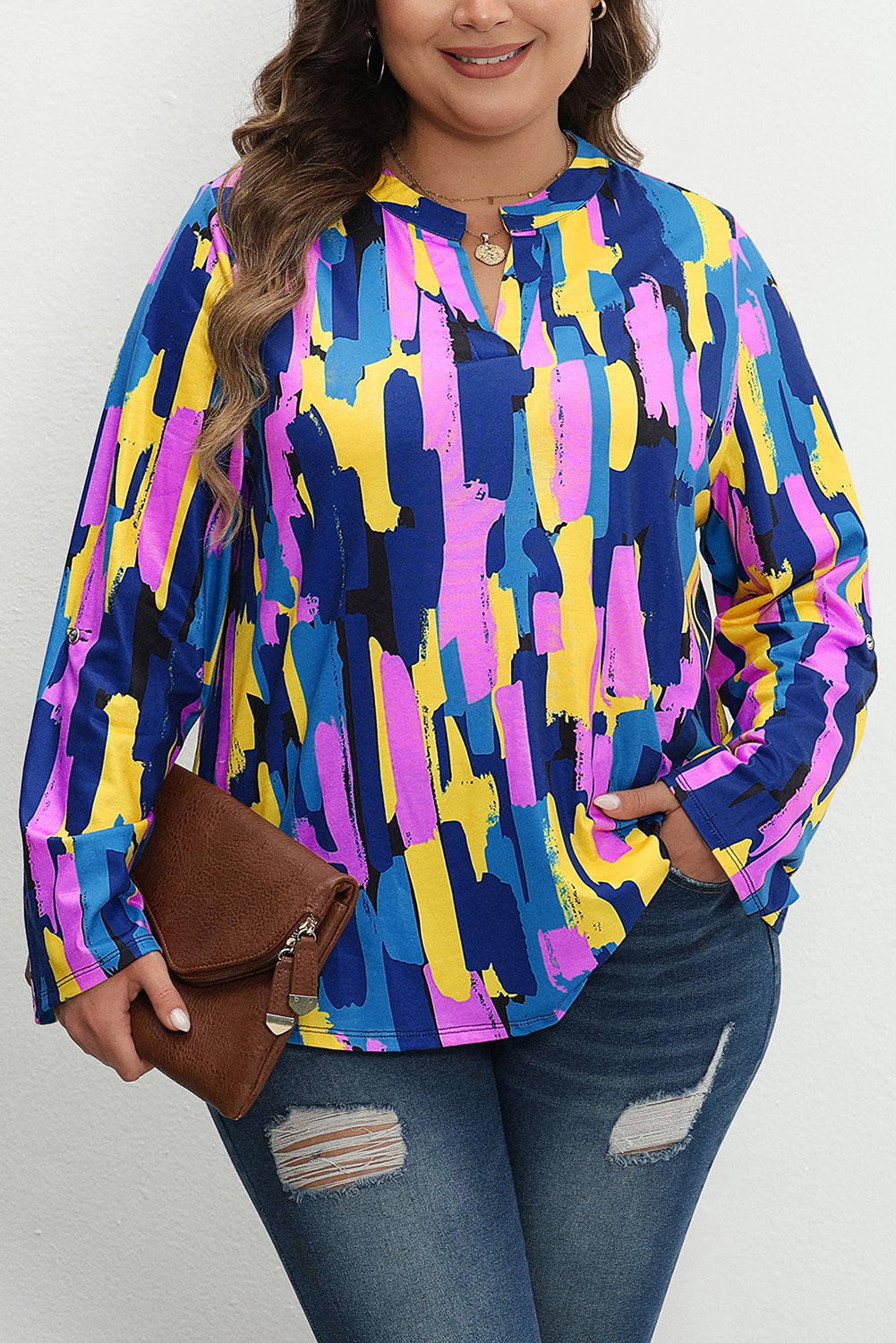 Plus Size Brushstroke Print 3/4 Sleeve Blouse | Blue