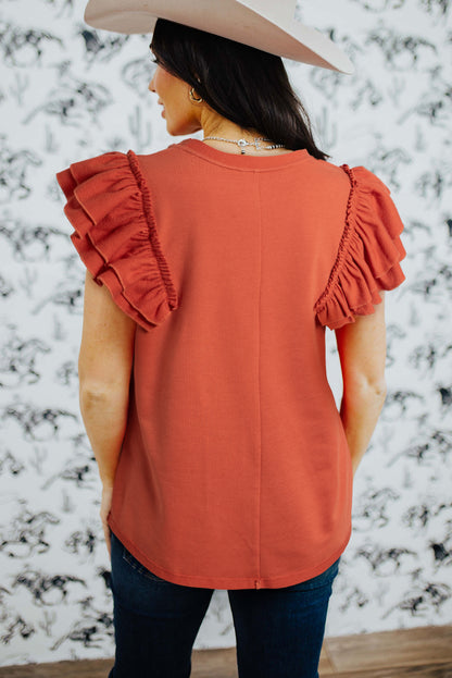 Tiered Ruffled Sleeve Crew Neck T Shirt | Orange