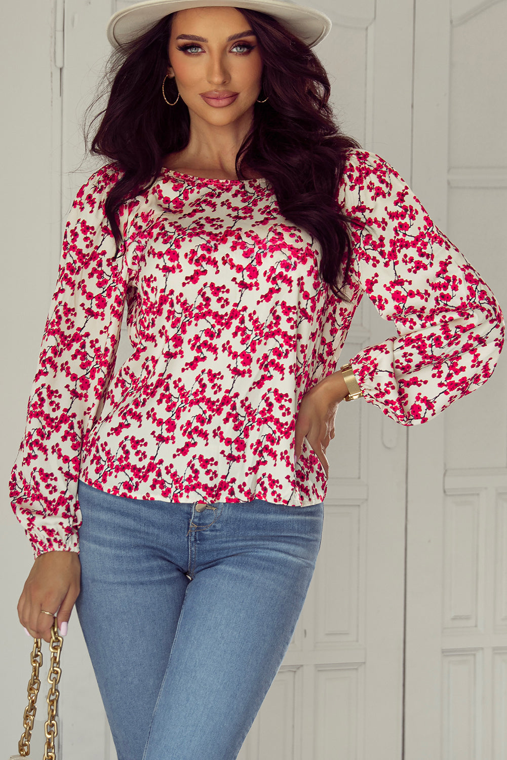 Floral Print Long Sleeve Open Back Blouse | Red