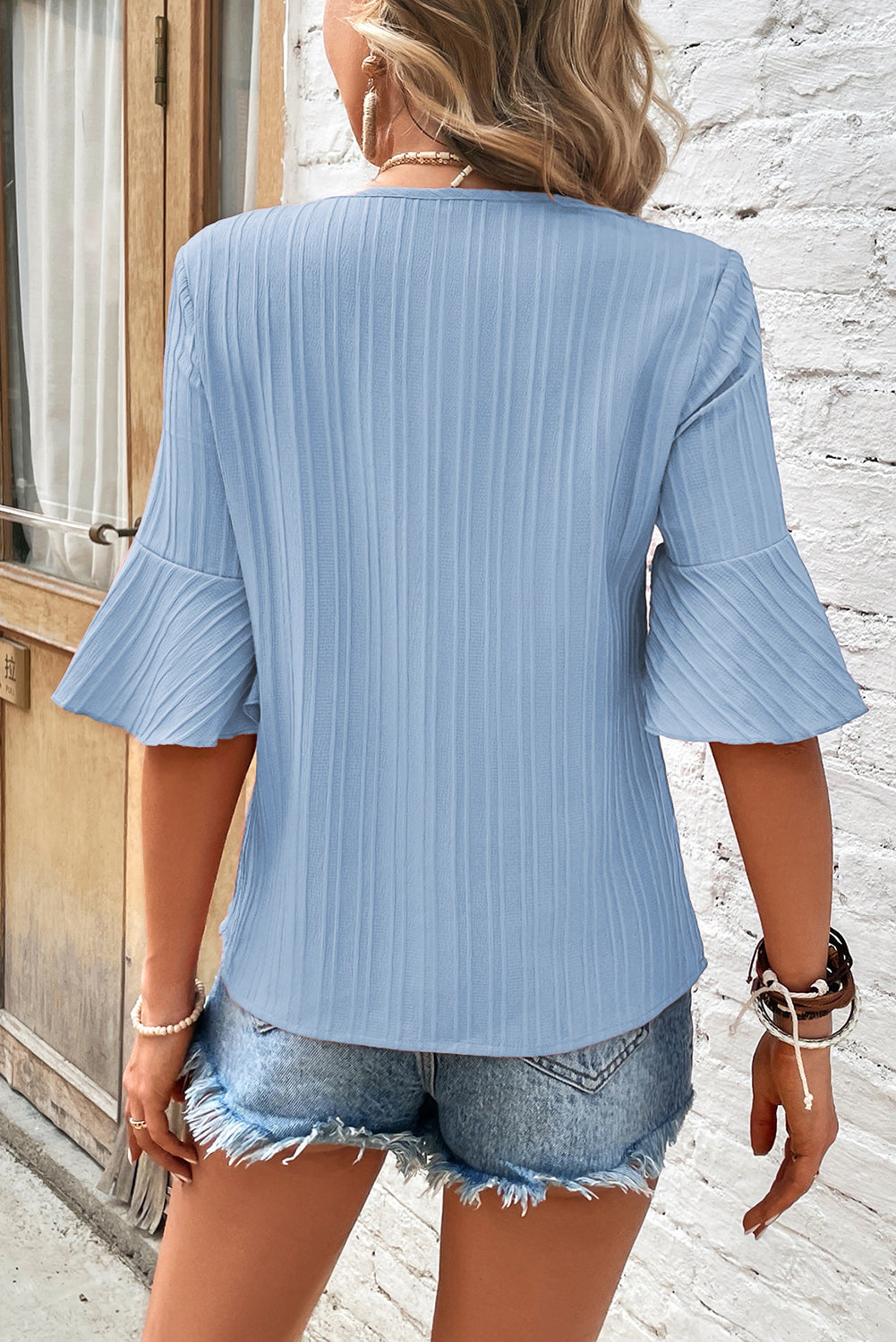 Ruffled Half Sleeve V Neck Textured Top | Beau Blue