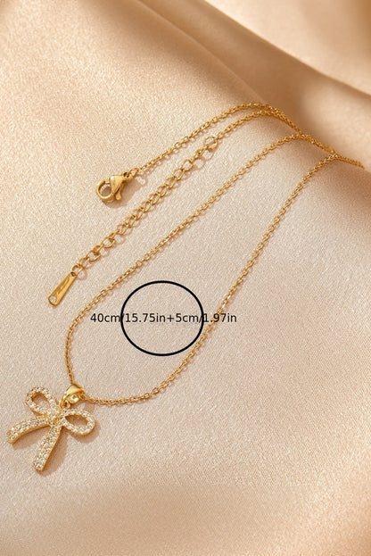 Plated Rhinestone Bowknot Pendant Necklace | Gold