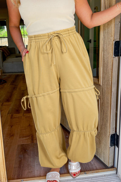 Drawstring Adjusted Band High Waist Plus Size Pants | Beige