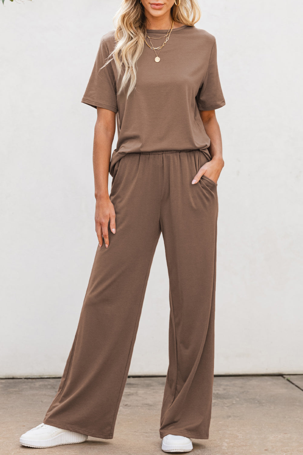 Solid Colour T Shirt 2 Piece Wide Leg Pants Set | Smoke Gray