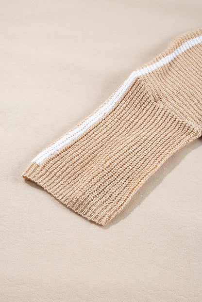 Contrast Striped 3/4 Sleeve Crew Neck Sweater | Light French Beige