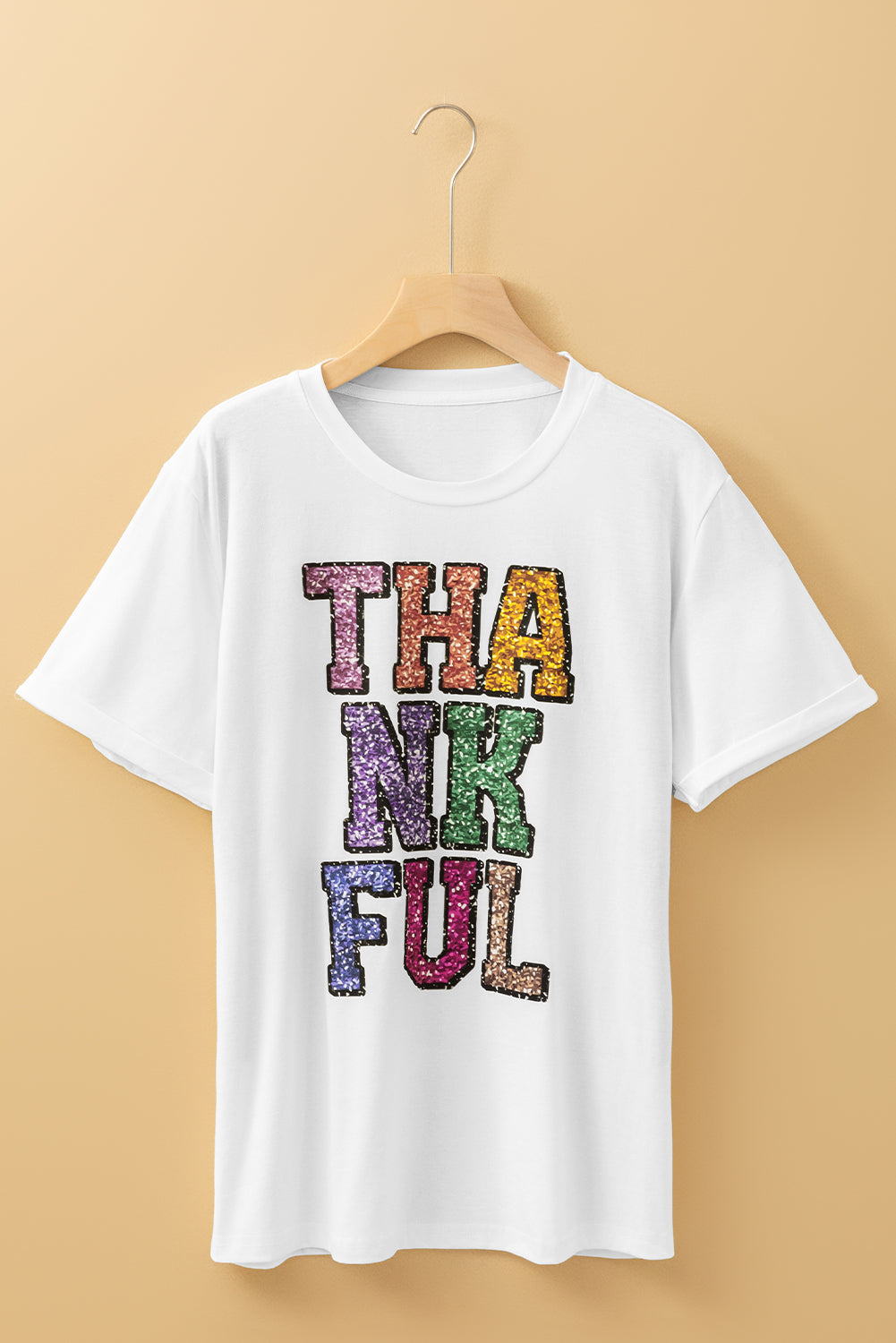 Heat-Transfer Printed Thankful Letter Graphic T Shirt | White