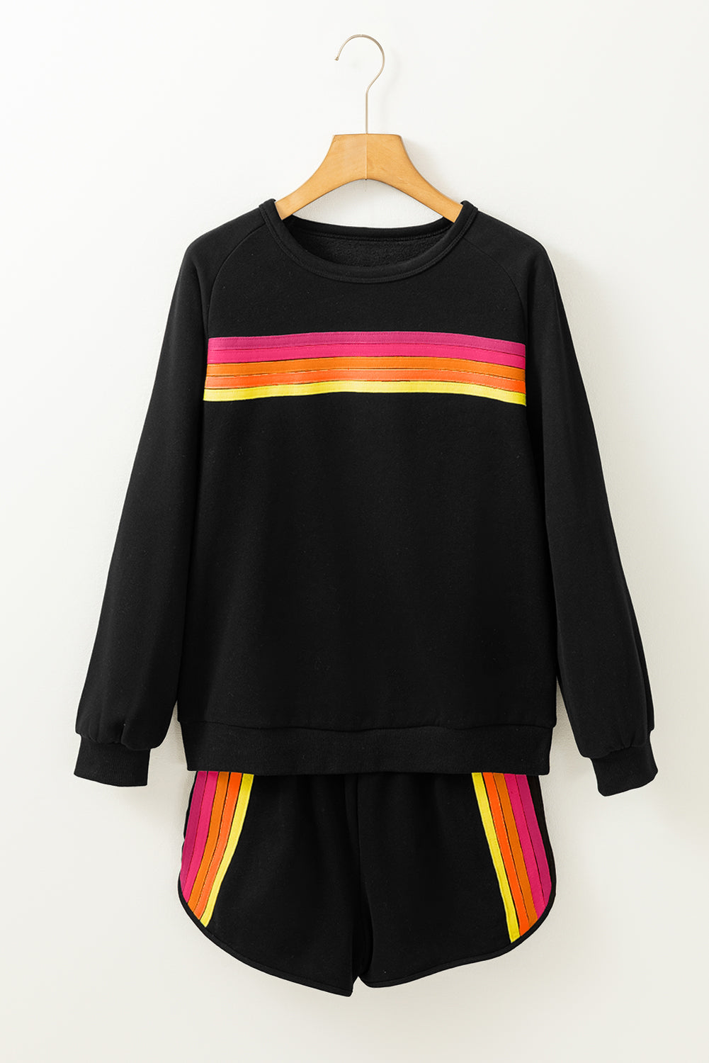 Striped Accent Pullover And Shorts Two Piece Casual Set | Black