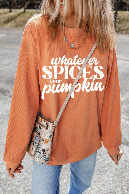 Whatever Spices Your Pumpkin Graphic Corded Pullover Sweatshirt | Orange