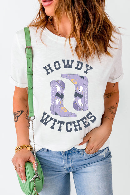 Howdy Witches Halloween Boots Crewneck T Shirt | White