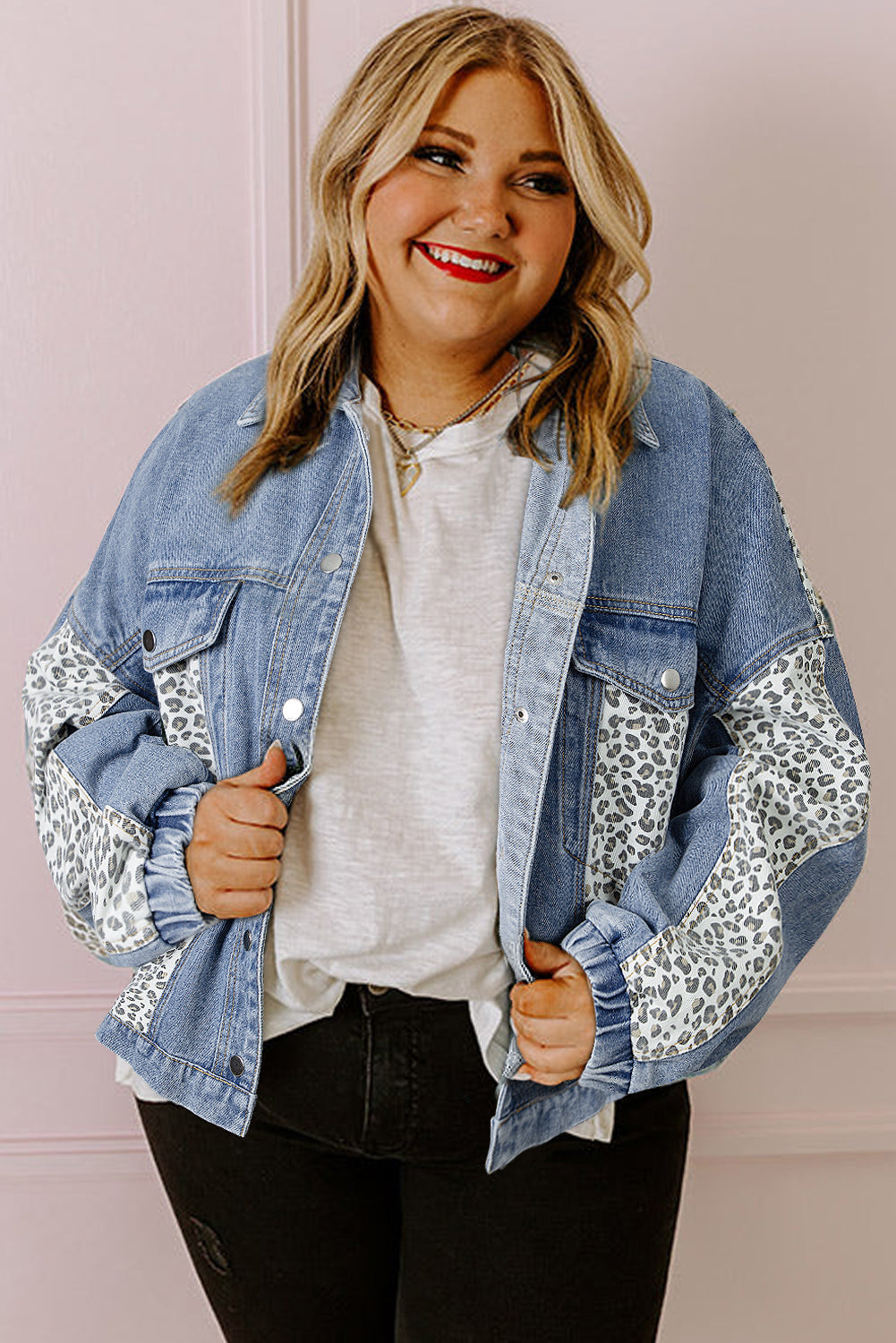 Leopard Patchwork Flap Detail Plus Size Denim Jacket | Beau Blue