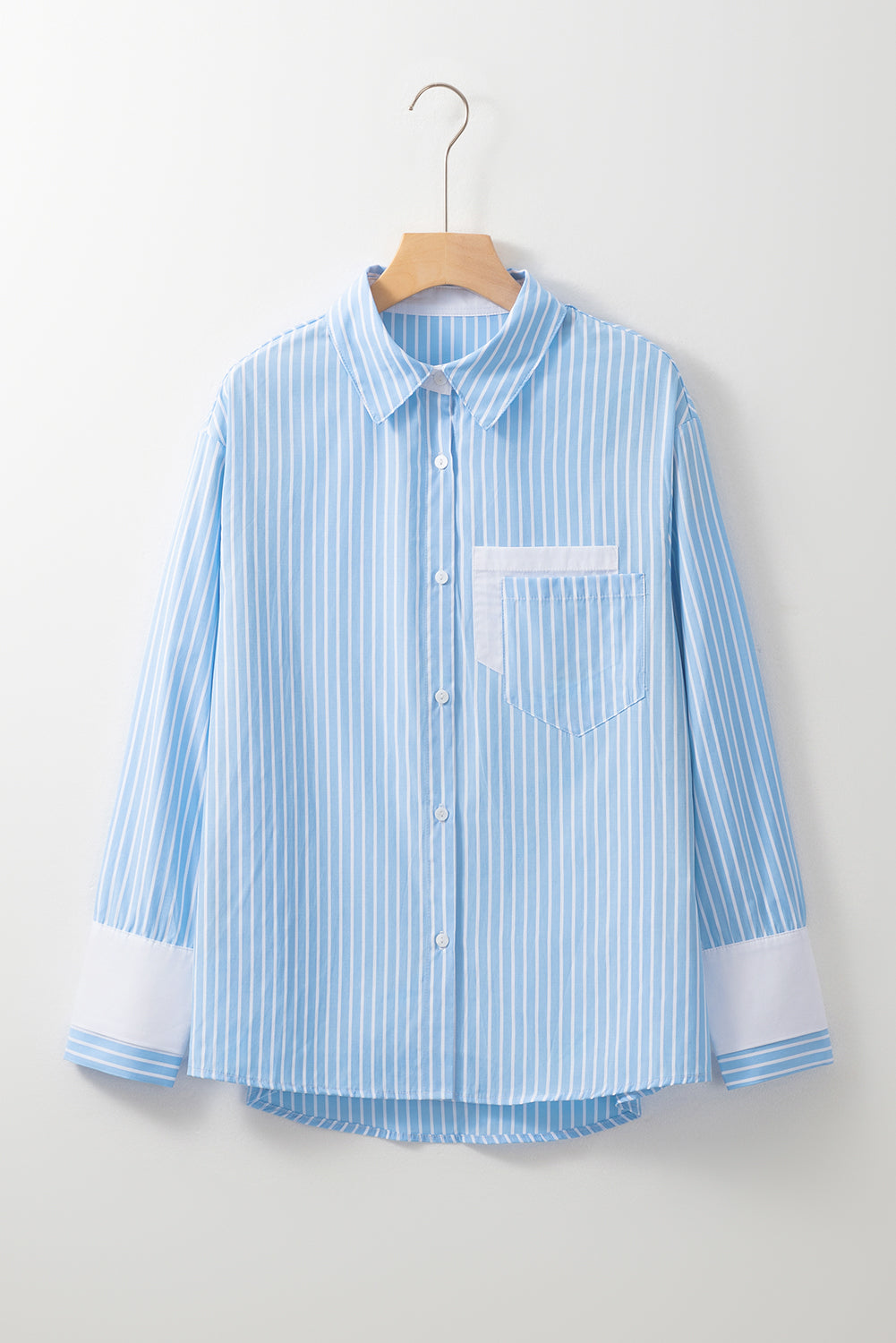 Contrast Patch Pocket Cuffed Sleeve Casual Shirt | Sky Blue Stripe