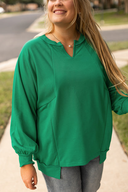 Exposed Seam Notched Neck Drop Shoulder Plus Sweatshirt | Bright Green