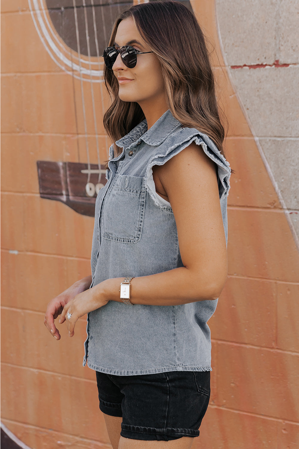 Frayed Ruffle Sleeve Denim Shirt | Beau Blue