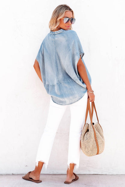 Split V Neck Oversized Denim Blouse | Sky Blue