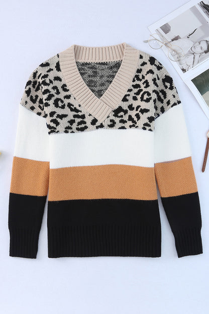 Leopard Colour Block Long Sleeve Sweater | Khaki