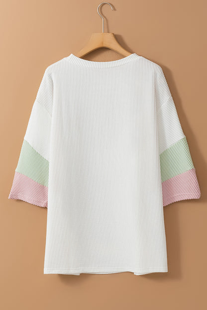 Textured Colourblock Patchwork Half Sleeve Plus T Shirt | White