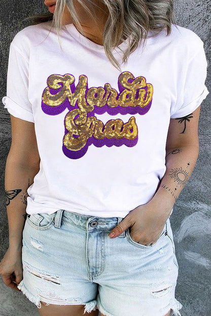 Mardi Gras Sequin Chenille Graphic Plus Size Tee | White