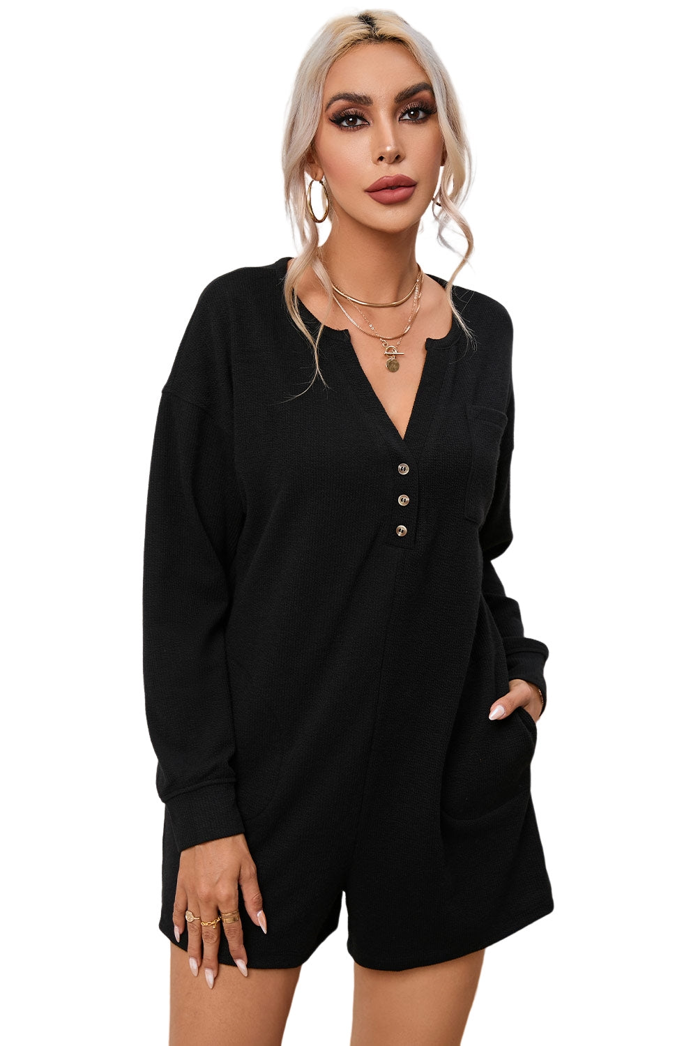 Brushed Ribbed Button Split V Neck Long Sleeve Romper | Black