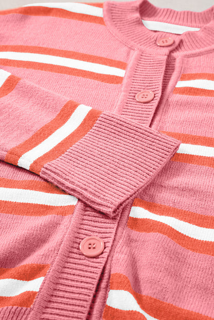 Drop Shoulder Buttons Cardigan Sweater | Pink Stripe